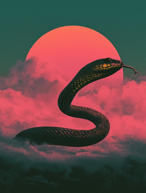 A digital illustration shows a black snake with its tongue out, silhouetted against a large red moon and pink clouds.