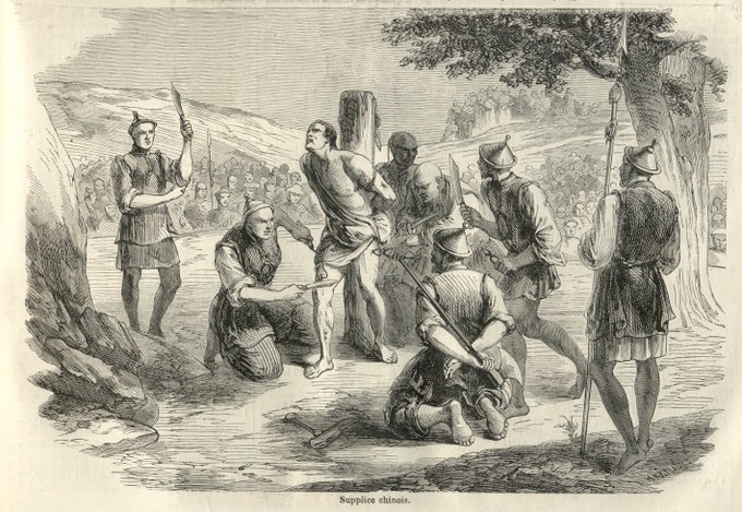 A black-and-white illustration captioned "Supplices chinois" (Chinese punishments) depicts a public execution scene in ancient China, showing a bound and partially stripped man being subjected to a slow, dismembering punishment by a group of uniformed guards while a crowd watches from the background. The image visually represents the "death by a thousand cuts" (lingchi) referenced in the post, serving as a metaphor for how traders feel they've been slowly worn down by BTC's rally after missing the move—dying from many small wounds rather than one decisive blow.