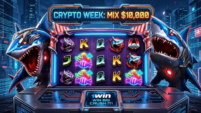 A vibrant digital slot machine-style graphic titled 'CRYPTO WEEK: MIX $10,000' featuring robotic sharks on either side of a grid filled with letter symbols, fish icons, and bomb symbols, set against a cyberpunk city backdrop.