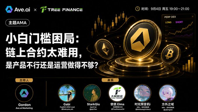 A promotional banner for a Sept 4th (19:00–21:00) Ave.ai × Tree Finance AMA titled "The Novice Entry Dilemma: Are Perp DEXs Too Hard to Use?" hosted by Gordon (Ave.ai Marketing) with guests Gabi (PeckShield, @Galarysia_eth), StarkQiu (Tribe, @qiu77vin), Elma (Tree Finance, @TreeFinanceCN), a KOL from Galaxy ($GuangYuYanJi), and 方外之域 (TOKEN2049, @jiaxqwan), visually featuring crypto coins, candlestick charts, and a "PERP DEX LONG/SHORT" panel that ties directly to the AMA's discussion on why users still prefer CEXs over on-chain perpetual contracts.