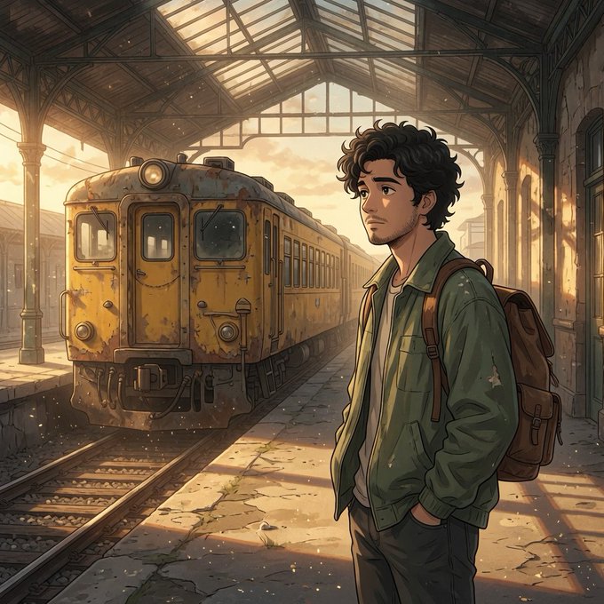 The image features a man standing next to an old yellow train car, possibly waiting for his ride or just passing by. The train appears to be an antique model with a brown color that contrasts with its yellow body. The man has a backpack on his back and is wearing a green jacket. In the background, there are some buildings visible behind him, adding depth to the scene.