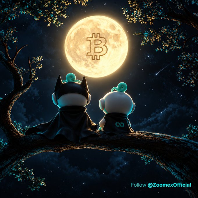 A 3D-rendered nighttime scene of two cute mascot figures (one with bat wings, one with a speech bubble antenna) looking up at a large full moon displaying the Bitcoin 'B' symbol. Text at the bottom reads 'Follow @ZoomexOfficial'.