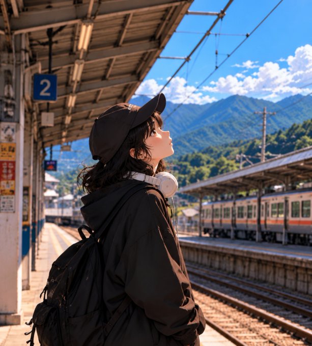 A girl wearing a black cap, jacket, and headphones looks up at the sky while standing on a train station platform marked with a blue '2' sign, with mountains and a train in the background.