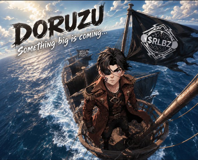 An anime-style promotional image featuring a young male character with an eyepatch on a pirate ship, with text reading 'DORUZU SOMETHING BIG IS COMING...' and a black flag displaying 'SRLBZ'.