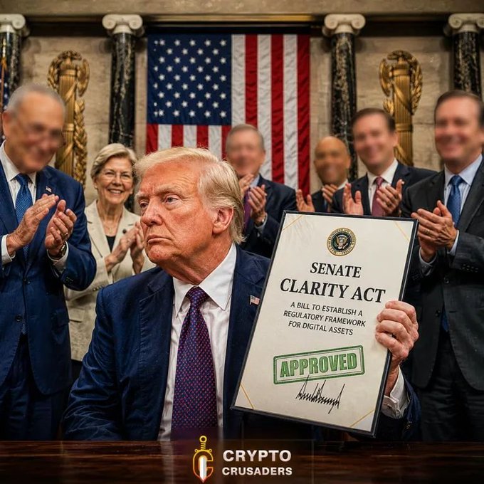 The image shows Donald Trump holding the "Senate Clarity Act," a bill to establish a regulatory framework for digital assets, with a backdrop of clapping figures. This visual conceptually supports the post's claim that a "Clarity Act" could be passed, implying a positive development for crypto and $XRP.