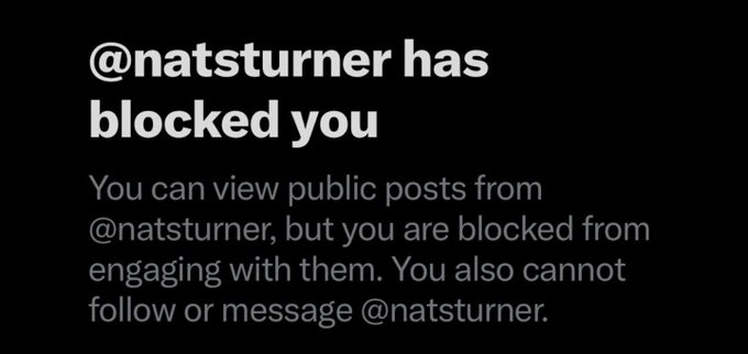 A screenshot shows a notice that "@natsturner has blocked you," preventing you from engaging with, following, or messaging that account, though public posts remain viewable. The image relates to the post by illustrating the blocked status of @natsturner, a public figure being called out regarding an alleged obligation to buy $GME shares at the highest possible price.