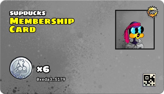 A grey 'SupDucks Membership Card' featuring a pixel-art duck character wearing sunglasses and a pink bandana, with the member ID 0xeda3...5179 and an x6 multiplier.