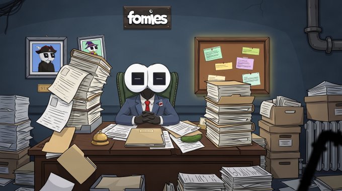 A cartoon character in a suit sits at a desk surrounded by massive stacks of paperwork, with a 'fomes' sign hanging on the wall behind them.