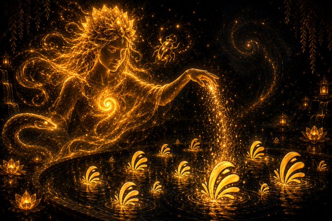 The image features an illustration of a woman with long, flowing hair pouring something into water surrounded by floating flowers. The background includes stars and other elements that create a sense of depth and dimension. The caption "@LiquidNftMarket" suggests that this artwork might be related to a discussion about the concept of Karma or the idea of things coming back around in life.