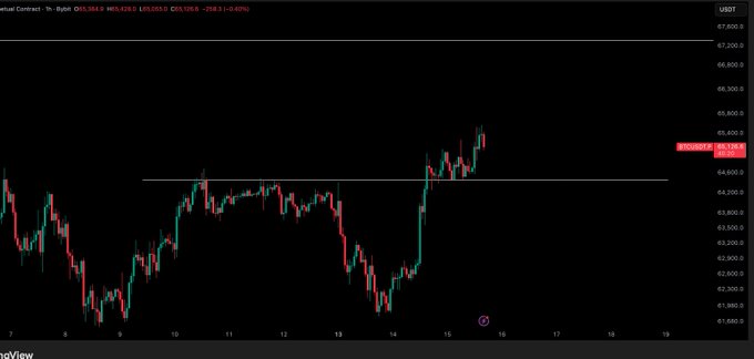 A trading chart on TradingView showing US100 (NASDAQ) with candlestick patterns, currently around 65,055, displaying price movements on the USDT axis.
