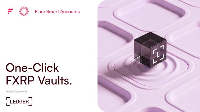 The image is a promotional graphic for "Flare Smart Accounts" featuring the headline "One-Click FXRP Vaults," with availability announced on Ledger. It shows a dark cube with a scan icon resting on a soft pink surface, visually reinforcing the post's message about easily minting FXRP and signing transactions in one click through a Ledger wallet.