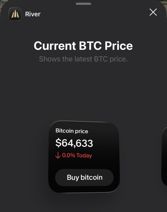A 'River' app widget interface showing 'Current BTC Price' widget with Bitcoin priced at $64,633, down 0.0% Today, with a 'Buy bitcoin' button.