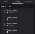 A dark screenshot of a Tokens page from August 20, 2026, showing a History tab with multiple entries all labeled 'Failed execute' with a 'Skip' option.