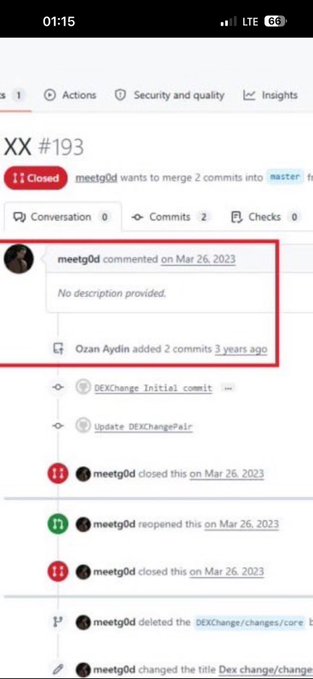 A screenshot of a closed GitHub pull request (#193) by user "meetg0d" on March 26, 2023, highlighting their comment "No description provided" on a merge attempting to combine two commits titled "DEXchange initial commit" and "Update DEXchangePair."

The image appears to show no clear connection to the post about "The Taboo-Breaking Turk" or the Pons launchpad earnings, as the post discusses financial success in crypto trading while the image depicts a code repository pull request with minimal engagement (0 conversations, 0 checks).