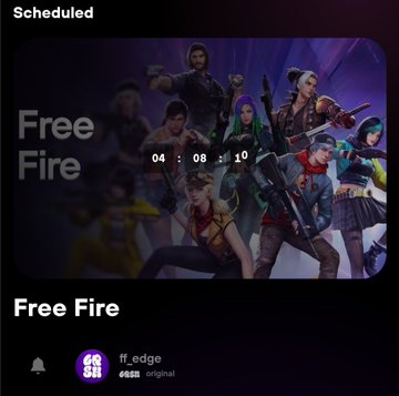 A scheduled mobile game match for 'Free Fire' hosted by 'ft_edge' (6688 original) showing a countdown timer of 04:08:19 over character artwork.