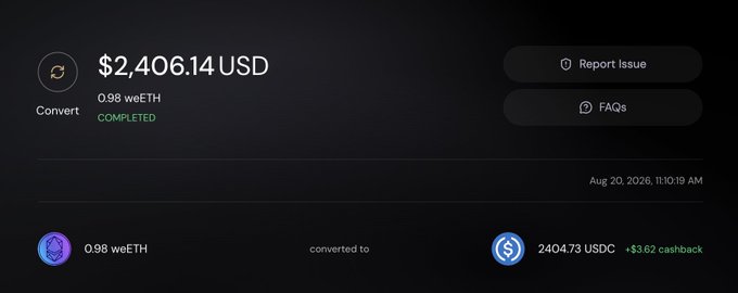 A cryptocurrency conversion receipt shows 0.98 weETH successfully converted to 2404.73 USDC, valued at $2,406.14 USD, with a $3.62 cashback earned on the transaction. The interface displays a "COMPLETED" status and an Aug 20, 2026 timestamp, illustrating the cashback feature highlighted in the post about ether.fi's trading rewards.
