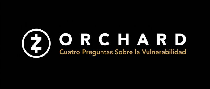 A black graphic featuring the Zcash logo (a "Z" inside a circle) alongside the word "ORCHARD" in white, with the Spanish subtitle "Cuatro Preguntas Sobre la Vulnerabilidad" (Four Questions About the Vulnerability) in gold, which introduces an article addressing concerns about the Orchard vulnerability in Zcash.