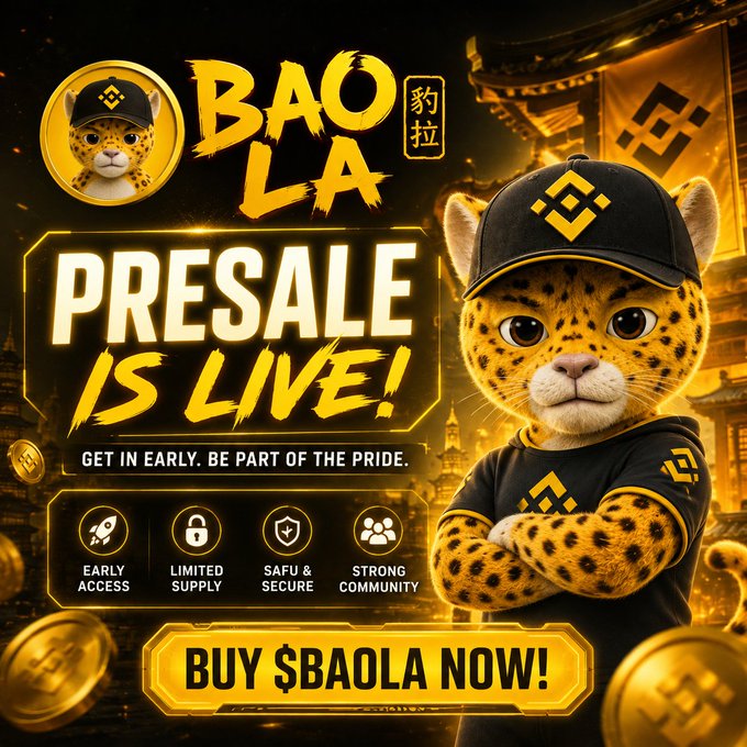 A cryptocurrency presale promotional graphic titled 'BAO LA' featuring a 3D-rendered cheetah mascot wearing a branded cap, with text reading 'PRESALE IS LIVE!', 'GET IN EARLY. BE PART OF THE PRIDE.', and 'BUY $BAOLA NOW!' alongside icons for Early Access, Limited Supply, Safu & Secure, and Strong Community.