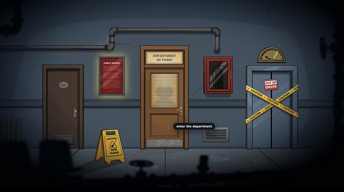 A pixel-art style video game scene showing a hallway with the 'Department of FOMO' door in the center, a wet floor sign, a clock, and a closed door blocked by caution tape labeled 'Closed', with a tooltip reading 'enter the department'.