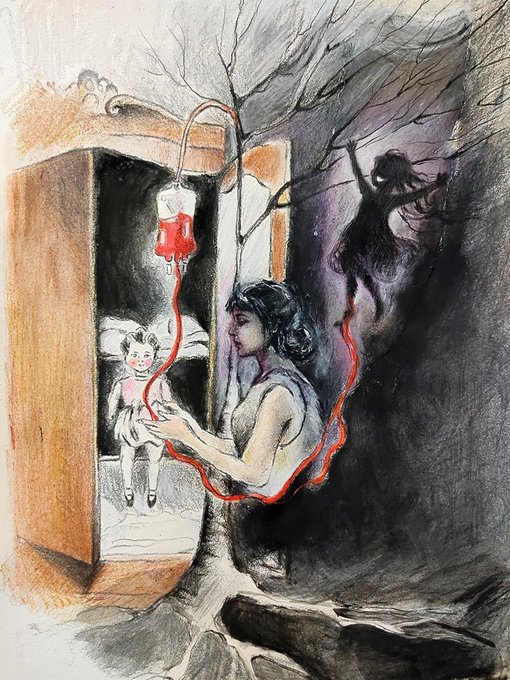 A dark, moody illustration depicting a woman using an IV blood bag to transfuse a pale doll in a wardrobe, while a shadowy figure hangs from a bare tree in the background, connected by a red line.