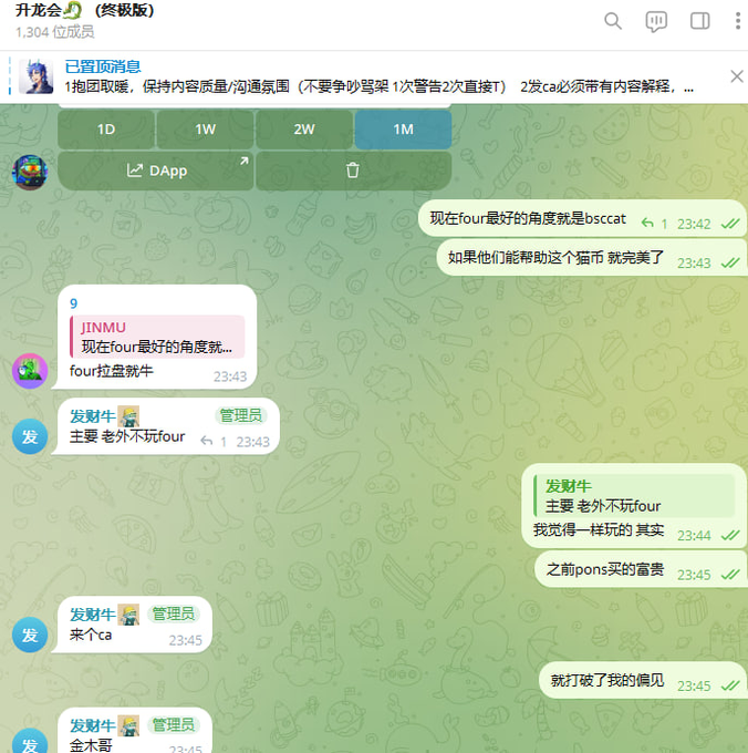 A Telegram group chat titled "升龙会🐉 (终极版)" shows users discussing cryptocurrency, specifically expressing that the "best perspective is now four" and hoping "if they can help this dog coin, it would be perfect," directly referencing the post's discussion about shiba-related coins (four/bsccat) being bought by wealthy individuals like Pons despite controversy, with administrators recommending others buy in.