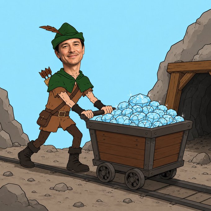 A cartoon Robin Hood–style miner with an arrow on his back pushes a mine cart overflowing with sparkling blue gemstones through a rocky tunnel. 

The image mirrors the post's theme of mining, discovery, and the hard labor behind finding "diamonds" — symbolizing the patience and restraint the author now seeks after realizing that prematurely announcing his finds led to emotional, poorly timed calls.