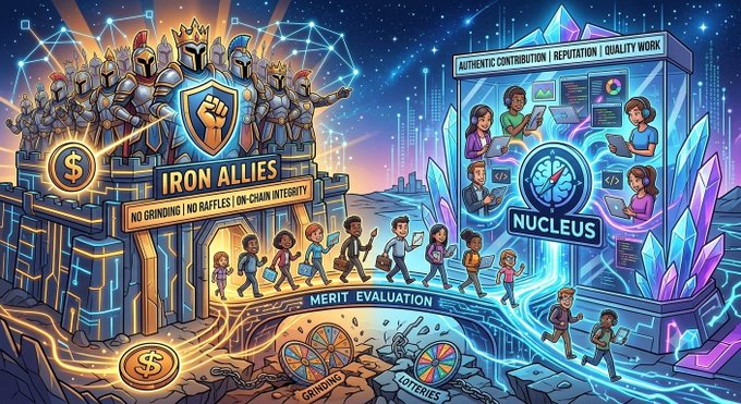 An illustrated graphic contrasting 'Iron Allies' (featuring knights and grind wheels) with 'Nucleus' (featuring people on computers with text 'Authentic Contribution | Reputation | Quality Work').