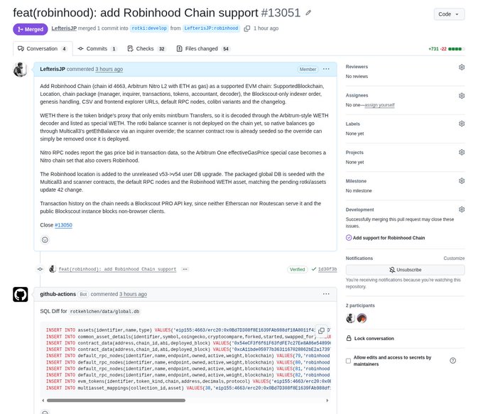 A GitHub pull request titled 'feat(robinhood): add Robinhood Chain support #13051' by LefterisJP, describing the addition of Robinhood Chain as a supported EVM chain, along with an SQL diff comment for rottenslothen/data/global.db.