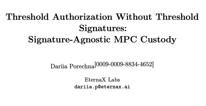 A presentation slide titled 'Threshold Authorization Without Threshold Signatures: Signature-Agnostic MPC Custody' by Dariia Porechna of EternaX Labs.