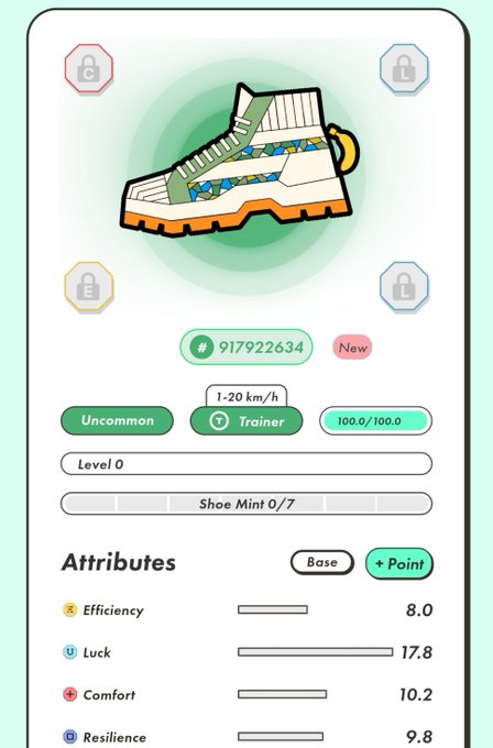 A mobile app screen showing a 'Trainer' rarity sneaker NFT (token #917922634, new) with speed 1-20 km/h, level 0, and attributes including Efficiency 8.0, Luck 17.8, Comfort 10.2, and Resilience 9.8.