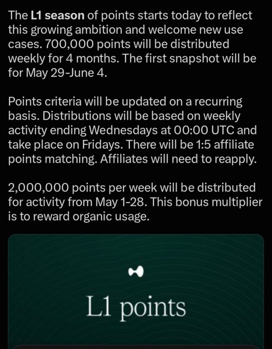 A text announcement about 'L1 points' starting a new season with 700,000 points distributed weekly for 4 months, plus 2,000,000 weekly points for activity from May 1-28.