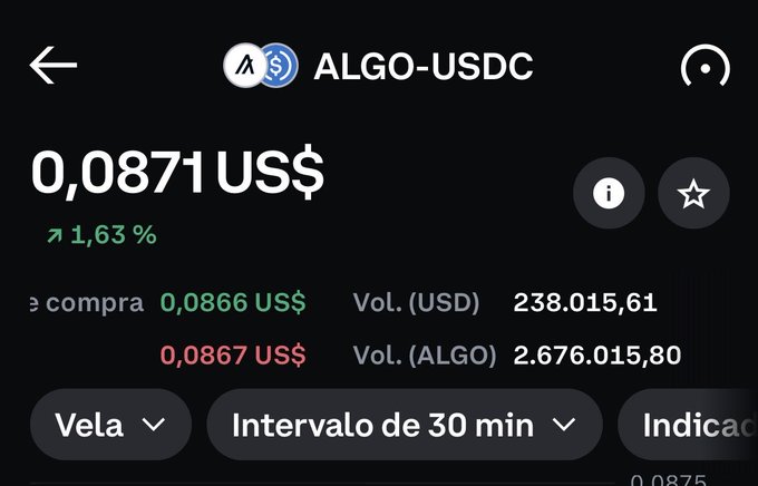 A cryptocurrency exchange app screenshot showing the ALGO-USDC pair trading at 0,0871 US$ (+1,63%) with a 30-minute interval candle chart.
