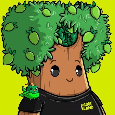 A cartoon illustration of a smiling anthropomorphic tree with green leafy hair bearing fruit, wearing a black t-shirt labeled 'PROOF OF LAND,' with a small green bird perched on its shoulder against a yellow background.