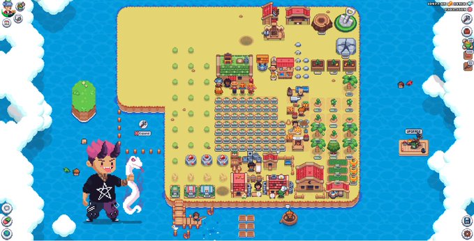 Pixel art game screenshot showing a character with pink hair and an eel on a floating island, with various buildings, crops, and a farming/building simulation environment.