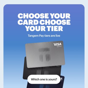 The image is a promotional graphic for Tangem Pay with a blue gradient background, featuring the bold white text "CHOOSE YOUR CARD CHOOSE YOUR TIER" and the subtitle "Tangem Pay tiers are live." It displays two Visa cards—one silver and one black—overlaid with a white speech bubble asking "Which one is yours?", directly encouraging viewers to select between the payment tiers (Basic, Plus, or Prestige) mentioned in the accompanying post.