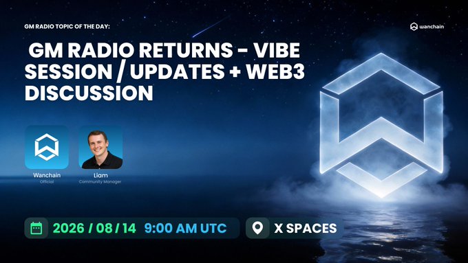 A promotional graphic for 'GM RADIO RETURNS – VIBE SESSION / UPDATES + WEB3 DISCUSSION' featuring the Wanchain logo and a host named Liam, Community Manager, scheduled for 2026/08/14 at 9:00 AM UTC on X Spaces.