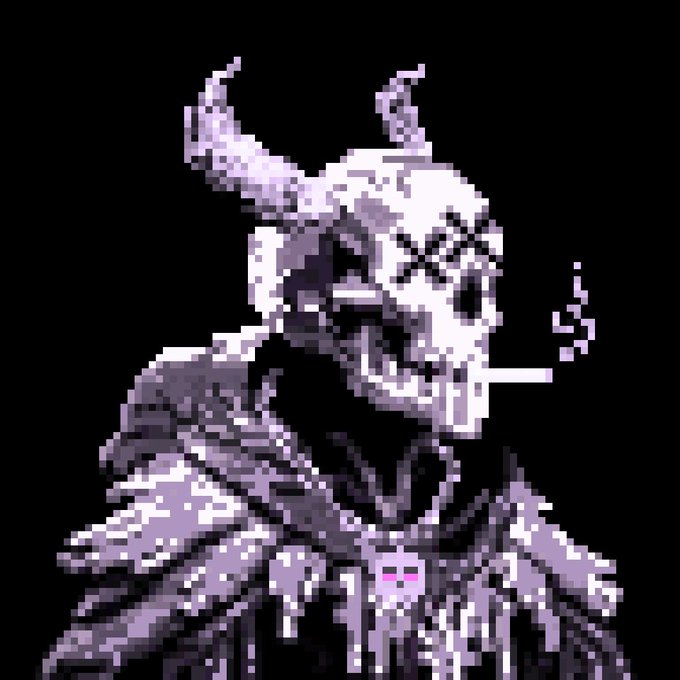 A pixel art sprite of a horned, goat-like demon character with X's for eyes smoking a cigarette, commonly used as a 'doomer' reaction image.