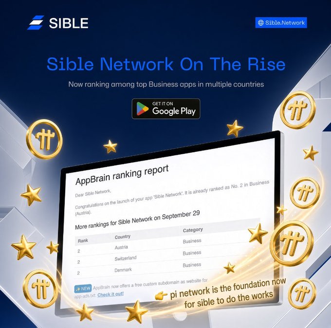 Promotional graphic for Sible Network titled 'Sible Network On The Rise,' noting its ranking among top Business apps in Austria, Switzerland, and Denmark, featuring Pi Network token imagery.