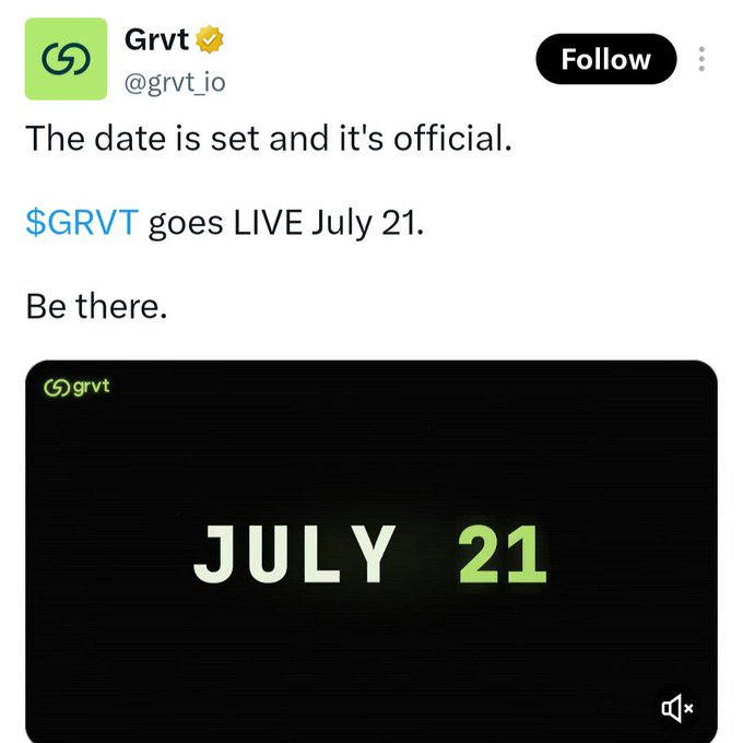 A tweet from @grvt_io announces that $GRVT will go live on July 21, reinforcing the TGE (Token Generation Event) date mentioned in the post. The image prominently displays "JULY 21" in bold text against a black background with the grvt logo, visually confirming the airdrop launch date referenced in the accompanying message.