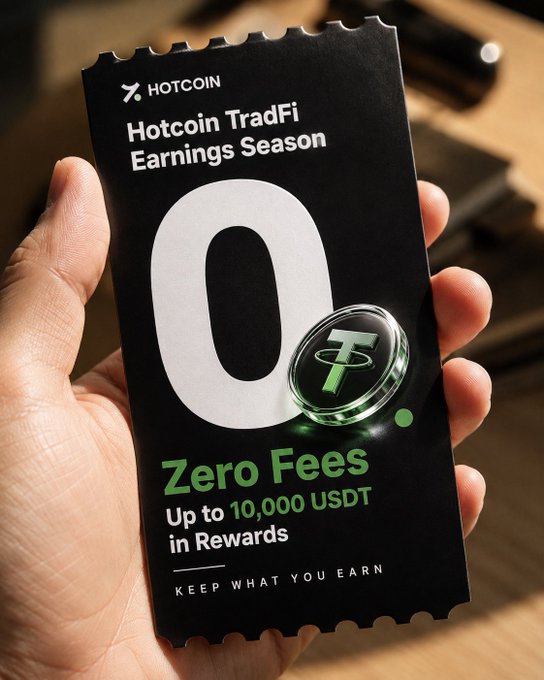 A hand holds a black promotional card from Hotcoin, reading "Hotcoin TradFi Earnings Season - 0 Zero Fees - Up to 10,000 USDT in Rewards - Keep What You Earn," featuring a stylized "0" and a Tether (USDT) coin. The design visually reinforces the post's tagline by emphasizing the zero-fee trading campaign with cryptocurrency reward incentives.