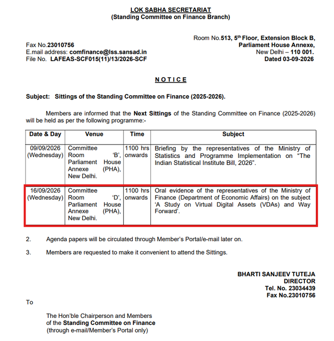 A Lok Sabha Secretariat notice dated 03-09-2026 announces the next sittings of the Standing Committee on Finance (2025-2026), highlighting the September 16, 2026 session in Committee Room 'D' (1100 hrs onwards) at Parliament House Annexe, where oral evidence will be taken from the Ministry of Finance on the subject "A Study on Virtual Digital Assets (VDAs) and Way Forward"—directly corresponding to the post about the parliamentary committee hearing oral evidence from the Finance Ministry on crypto.