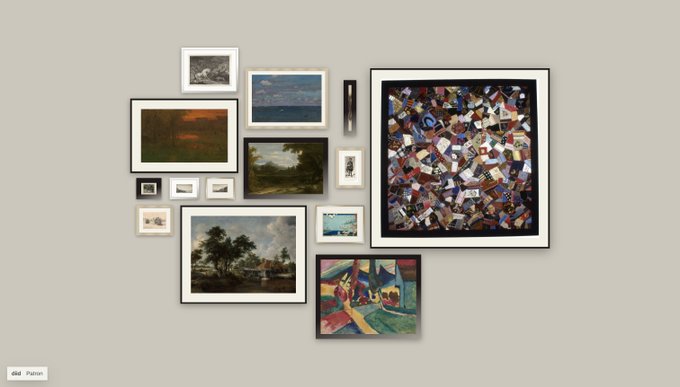 A gallery wall arrangement displaying various framed landscape paintings and abstract artworks in different sizes against a light background.