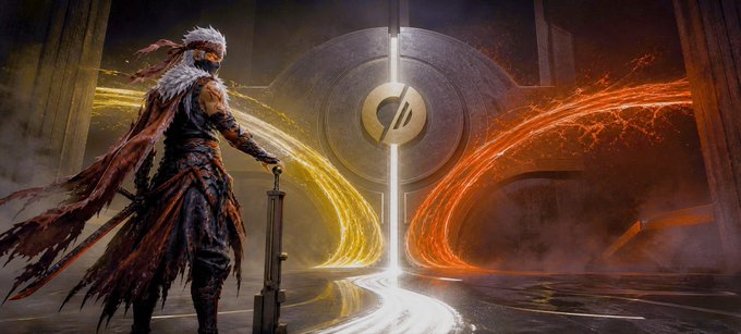 Promotional artwork featuring a warrior character in tattered armor with a white furry shoulder piece, standing before a glowing portal-like structure with a symbol, surrounded by swirling orange and yellow energy streams.