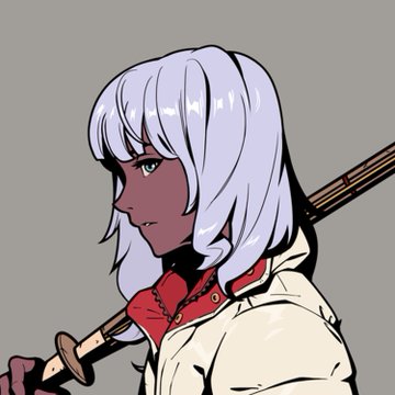 An anime-style illustration shows a dark-skinned character with short white hair holding a katana over their shoulder, wearing a red shirt and cream jacket.