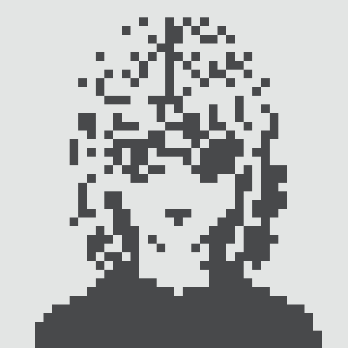 A pixel art style portrait depicting a person's face and shoulders in dark and light gray tones.