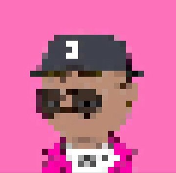 A pixel art NFT-style character wearing a black cap with the letter 'J', sunglasses, and a white shirt against a pink background.