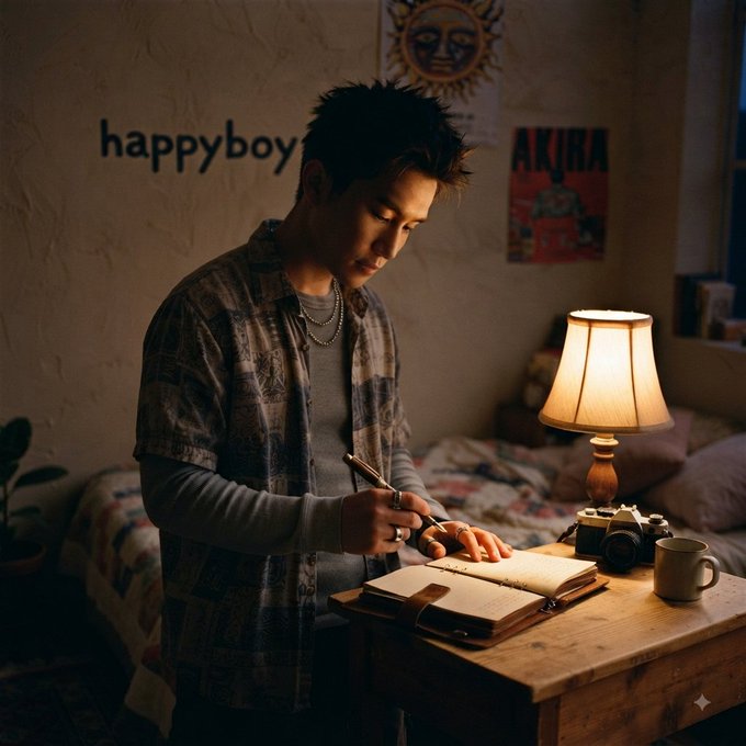 A man wearing a plaid shirt stands in a dimly lit bedroom writing in a notebook on a wooden desk, with a lamp, camera, and posters including one reading 'happyboy' and 'AKIRA' on the wall.