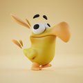 A 3D render of a cute, yellow cartoon creature with large eyes and floppy ears posing against a soft beige background.