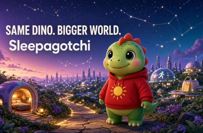 Promotional image for 'Sleepagotchi' featuring a cute green cartoon dinosaur wearing a red sun hoodie, standing in a futuristic landscape under a starry sky with the text 'SAME DINO. BIGGER WORLD.'
