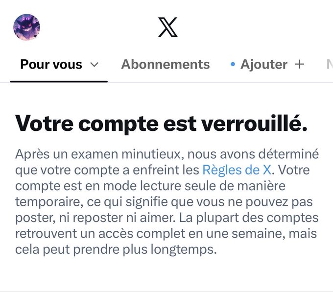 A screenshot of an X (Twitter) account suspension notice in French reading 'Votre compte est verrouillé,' indicating a violation of X's rules.
